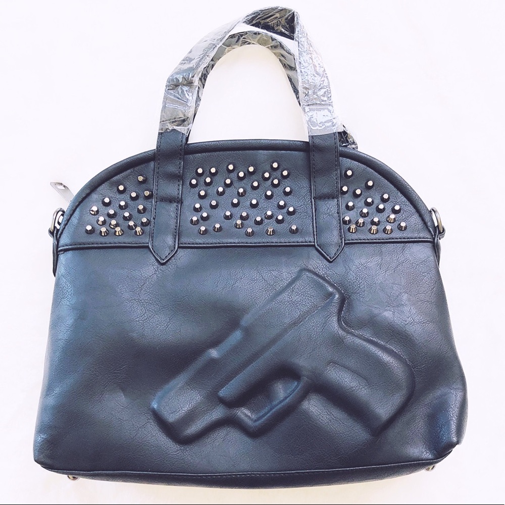 FAUX LEATHER RIVETED GUN DESIGN HANDBAG BLACK
